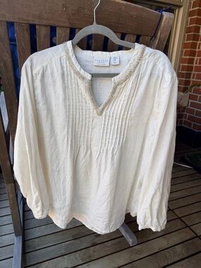 Calypso St. Barth Cream Pintuck Linen Tunic with V-Notch Beaded Trim